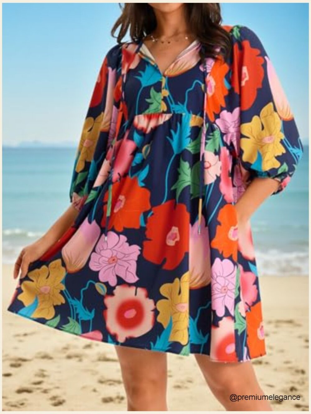 Floral Mini Babydoll Dress V Neck Puff Sleeve Loose Fit Boho Beach Sundress - Picture 4 of 7